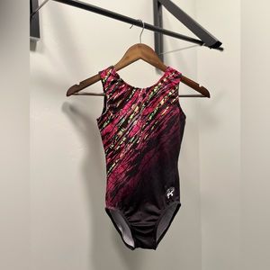 Fun pink, green, black strips and sequins! Simon GK leotard Adult extra small!